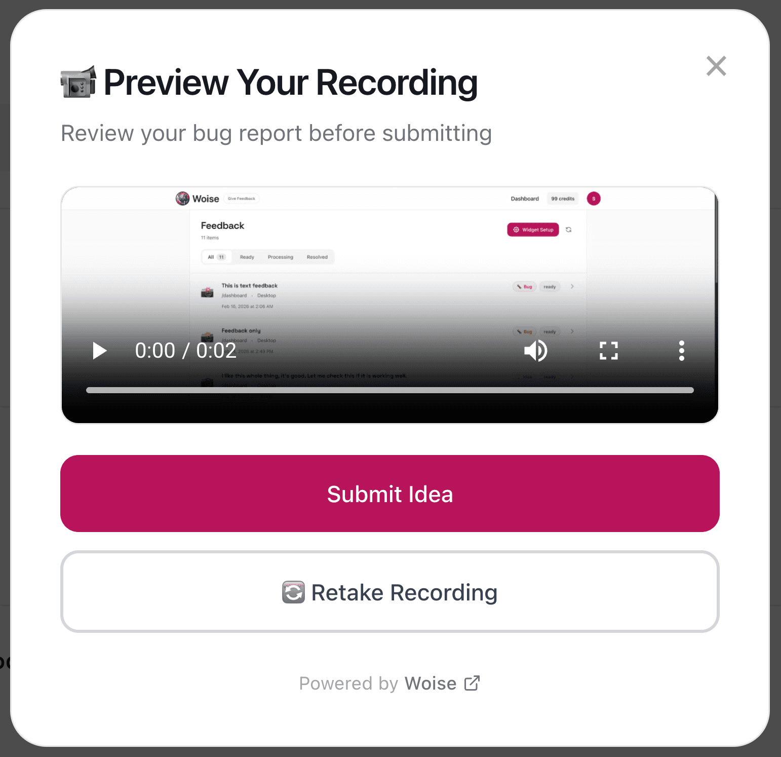Screen recording preview showing bug report submission interface