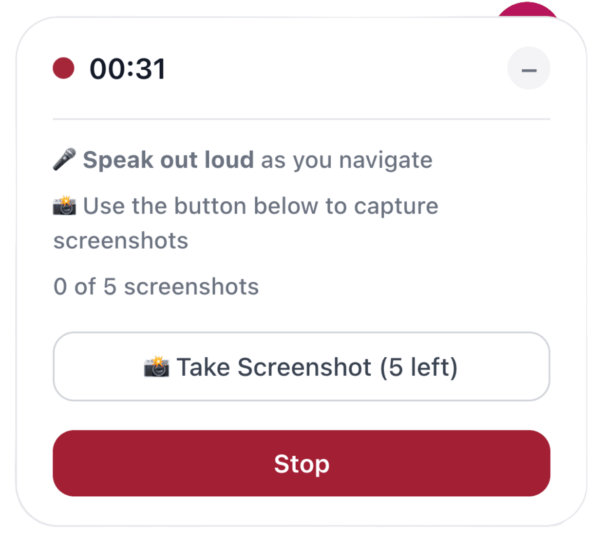 Voice feedback interface showing timer and screenshot capture button